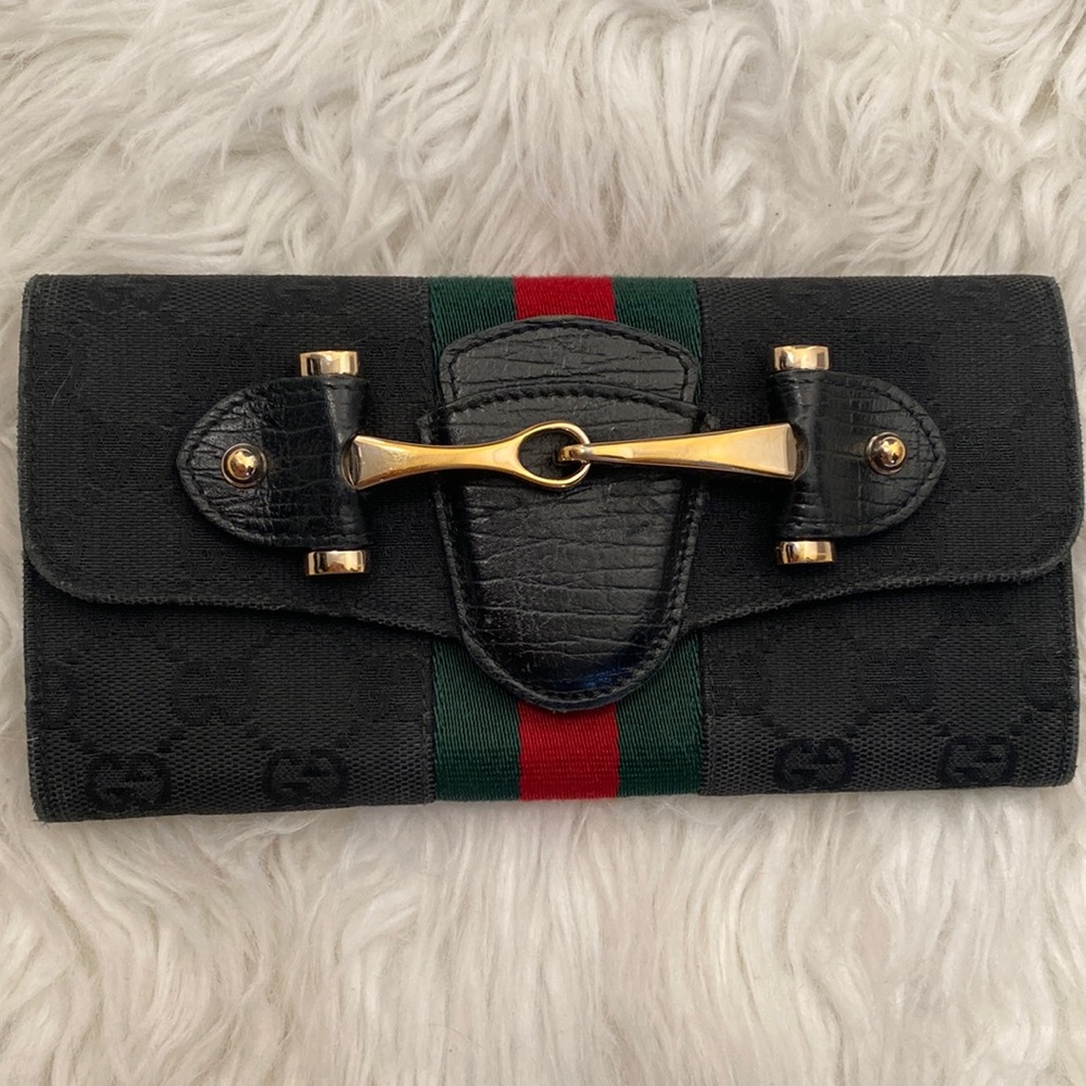 Authentic Gucci GUCCI BLACK CANVAS HORSEBIT WALLET